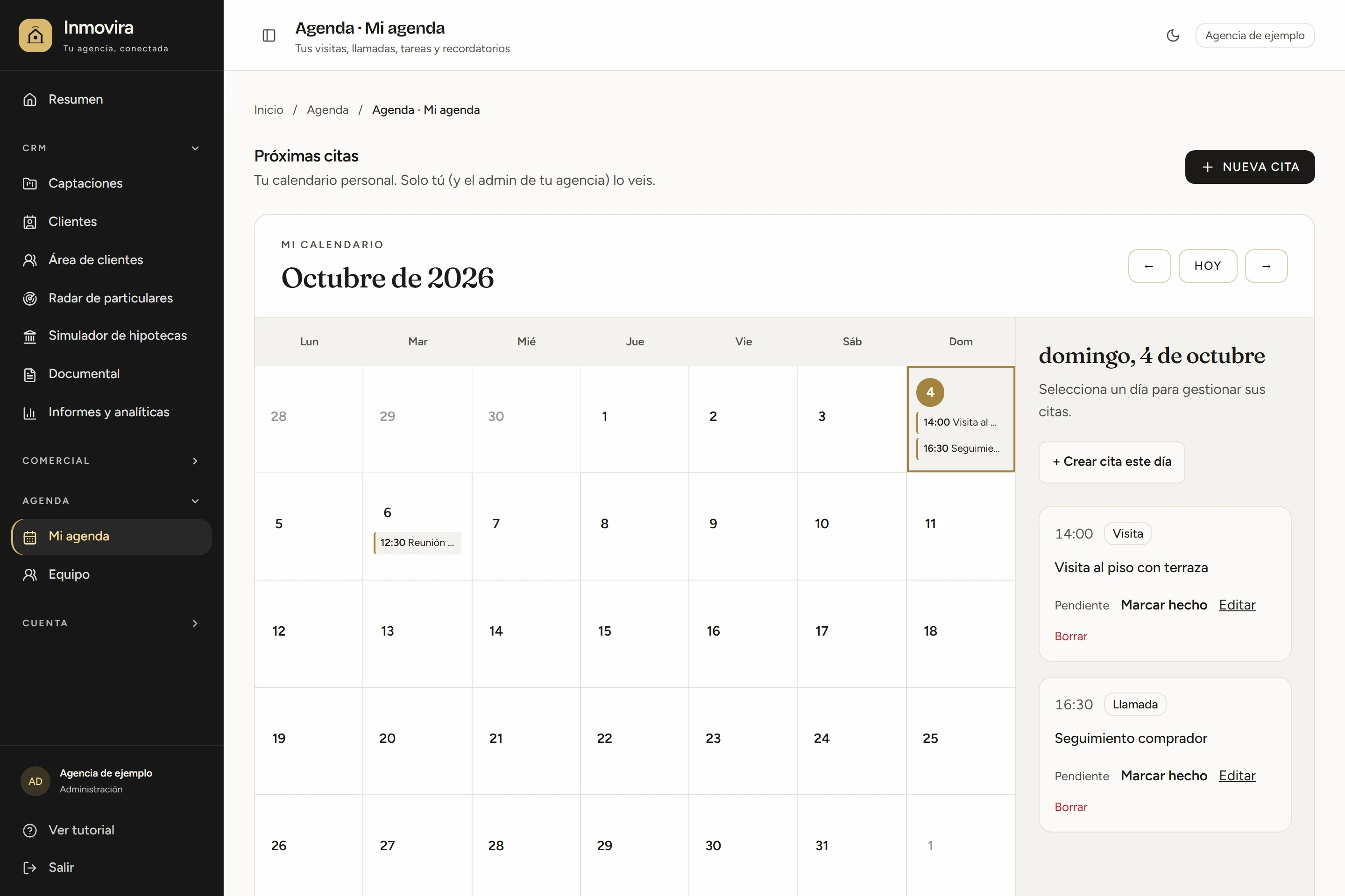 Pantalla de Mi agenda de Inmovira con datos ficticios de demostración