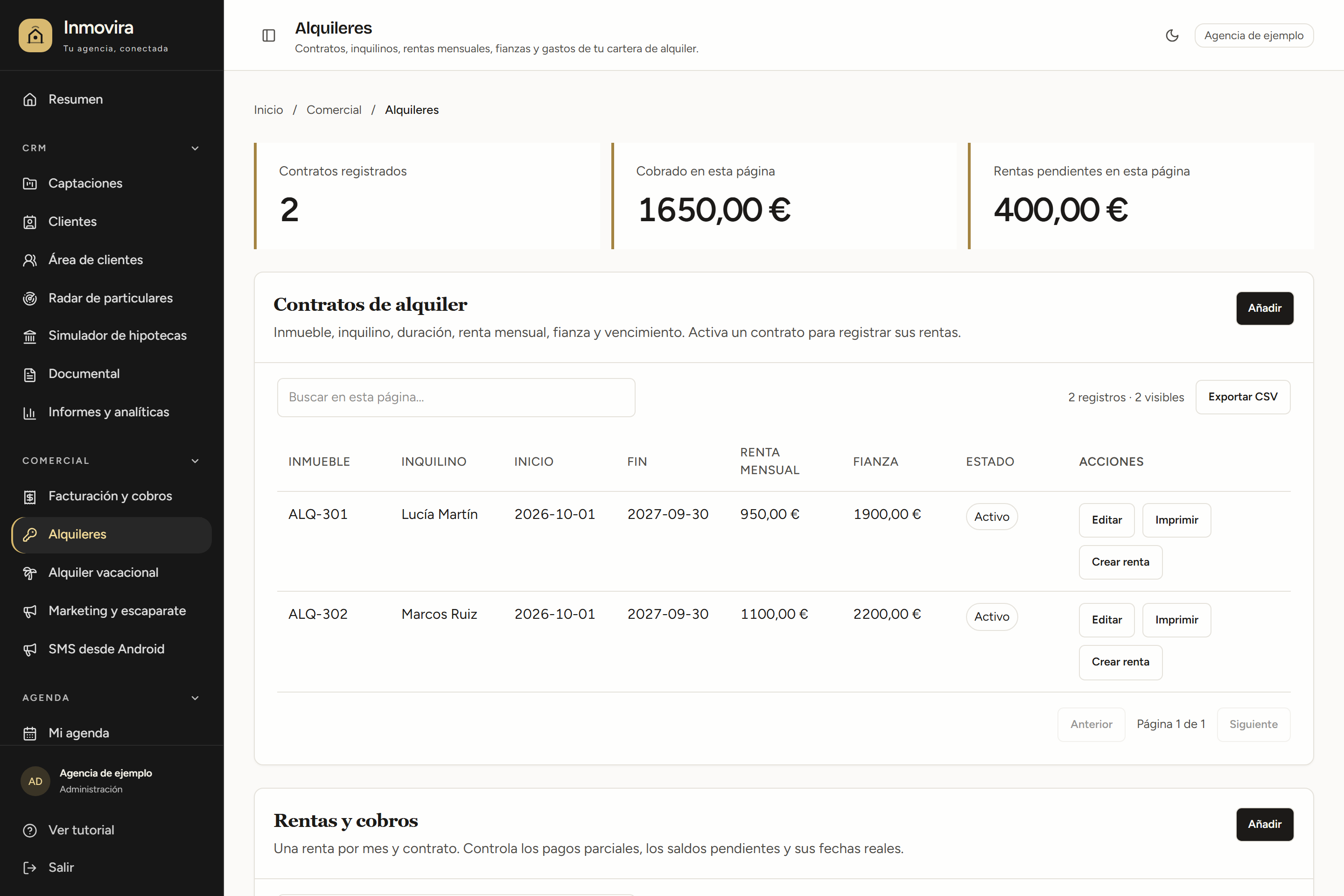 Pantalla de Alquileres de Inmovira con datos ficticios de demostración