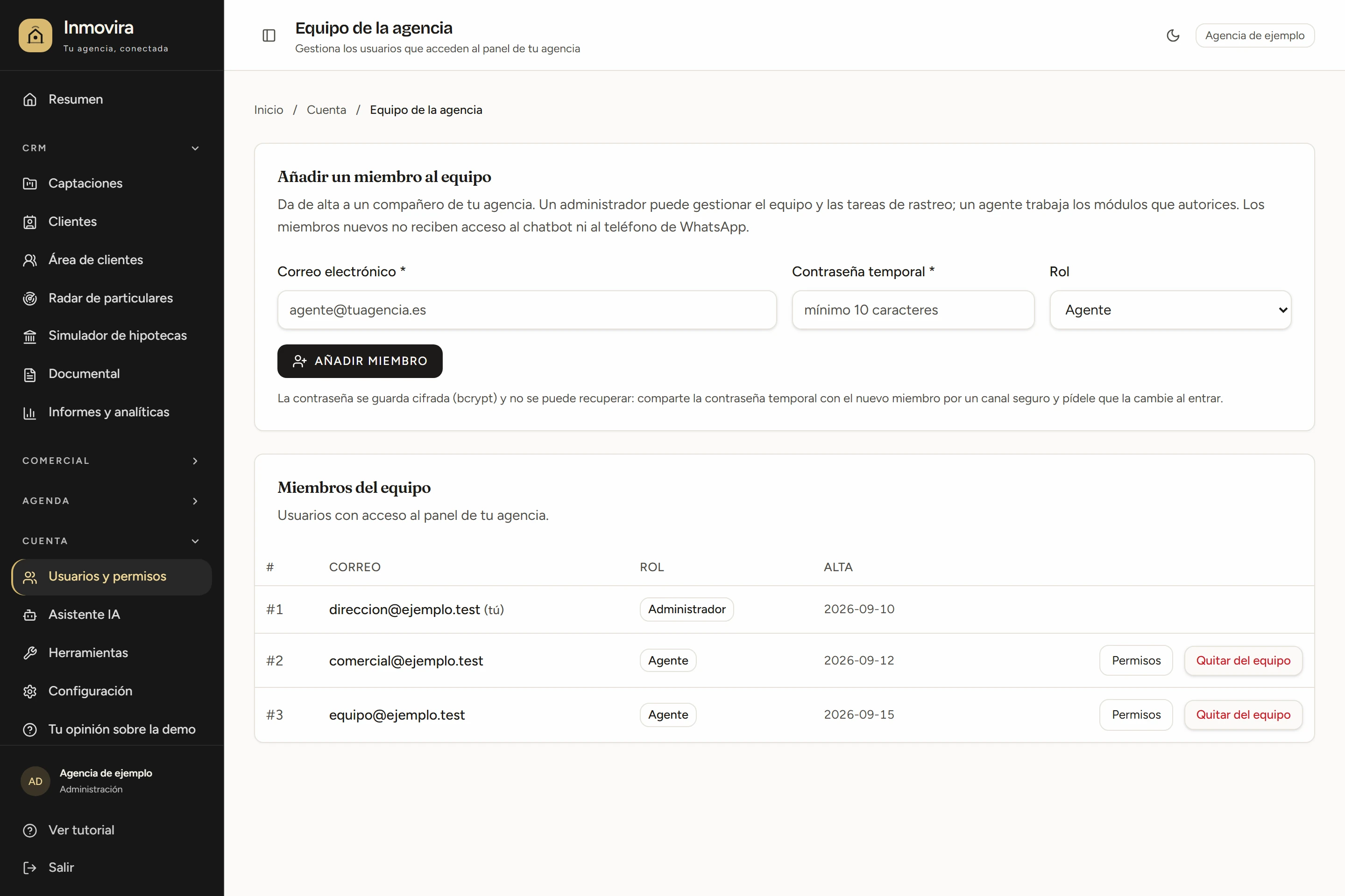 Pantalla de Usuarios y permisos de Inmovira con datos ficticios de demostración