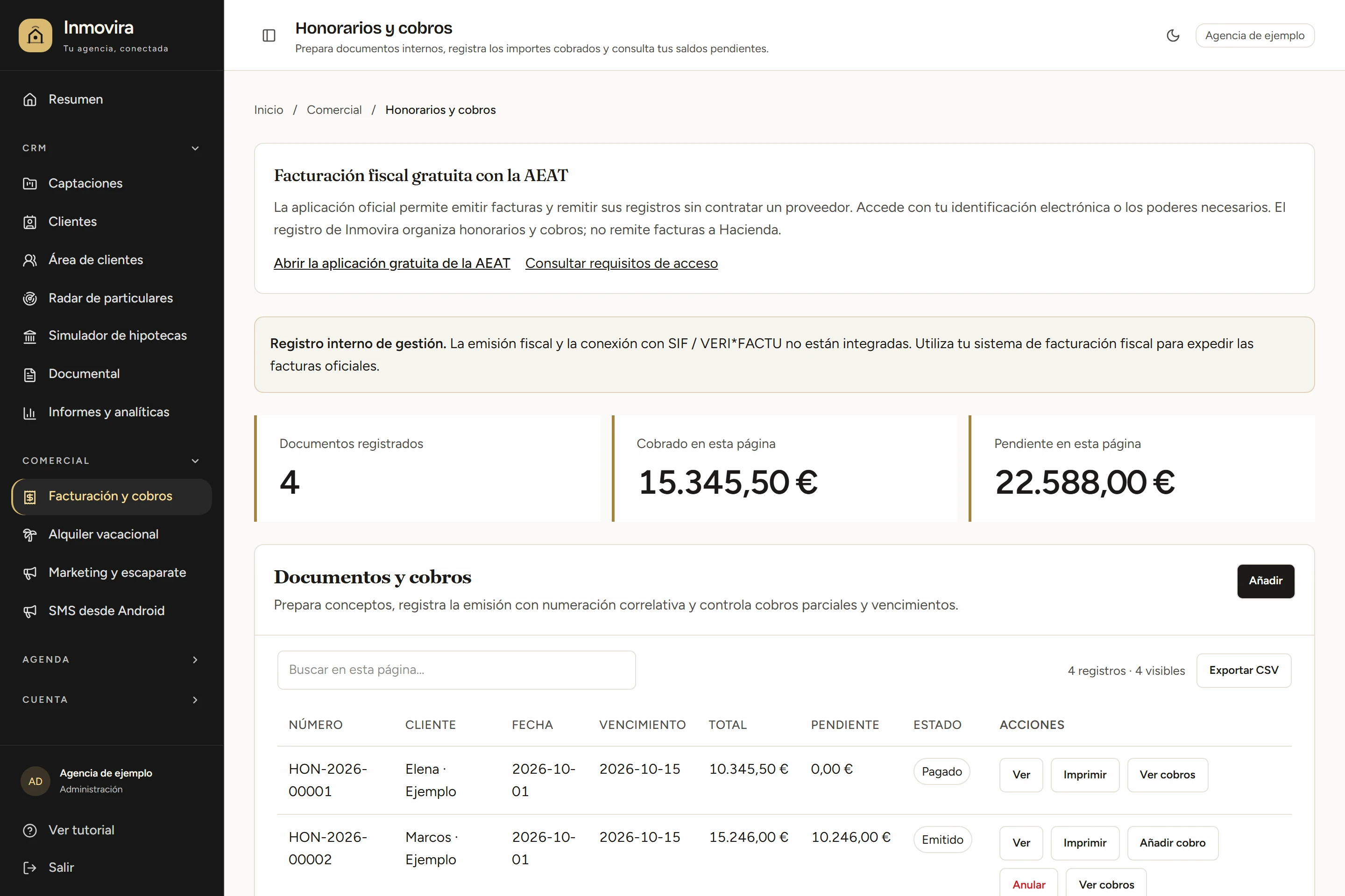 Pantalla de Facturación y cobros de Inmovira con datos ficticios de demostración
