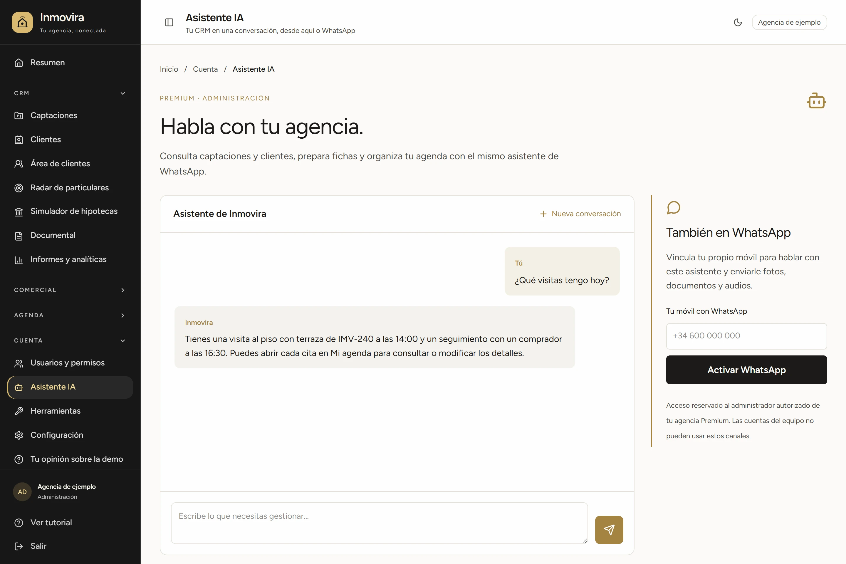 Pantalla de Asistente IA de Inmovira con datos ficticios de demostración