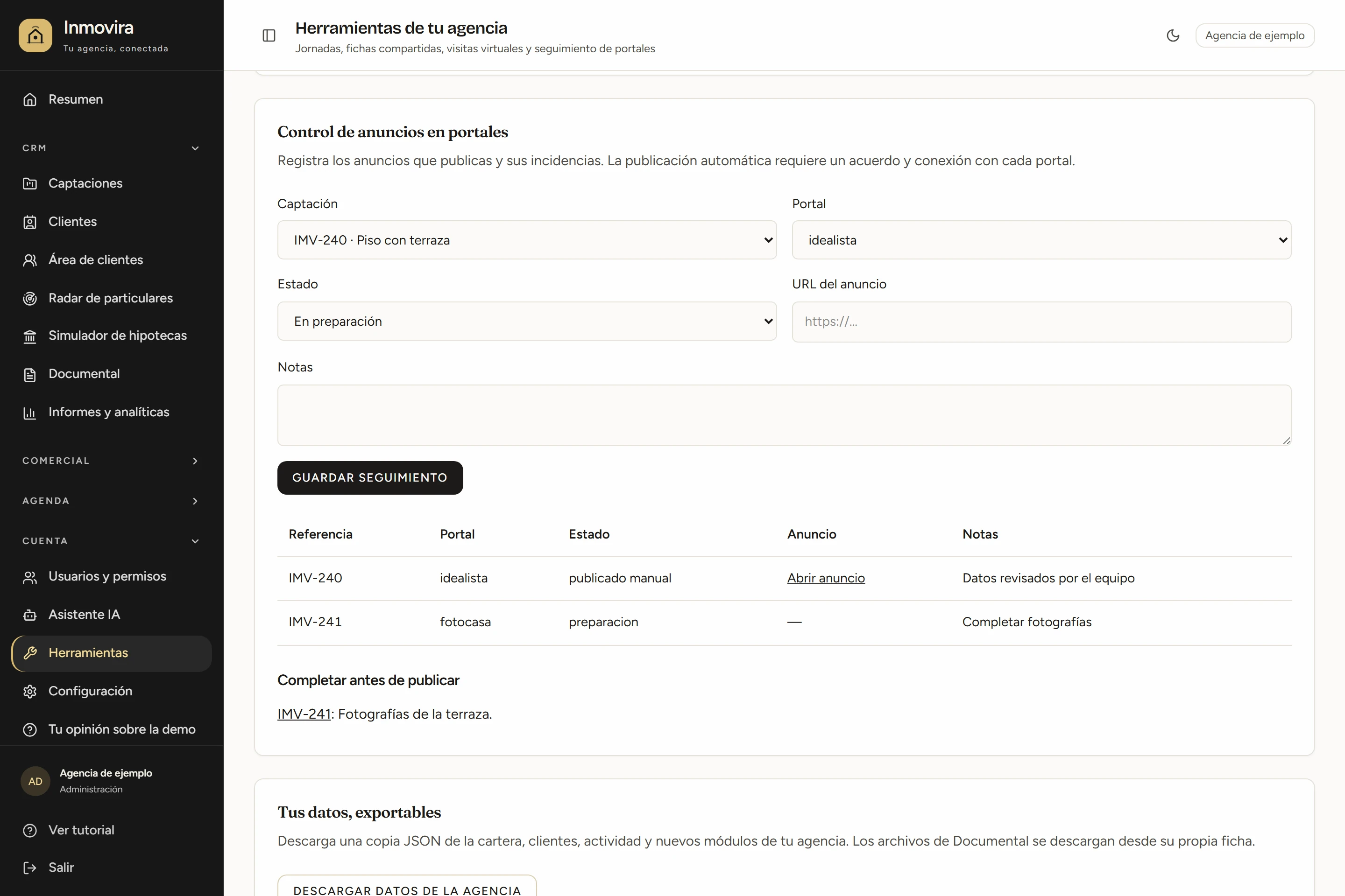 Pantalla de Web y portales de Inmovira con datos ficticios de demostración