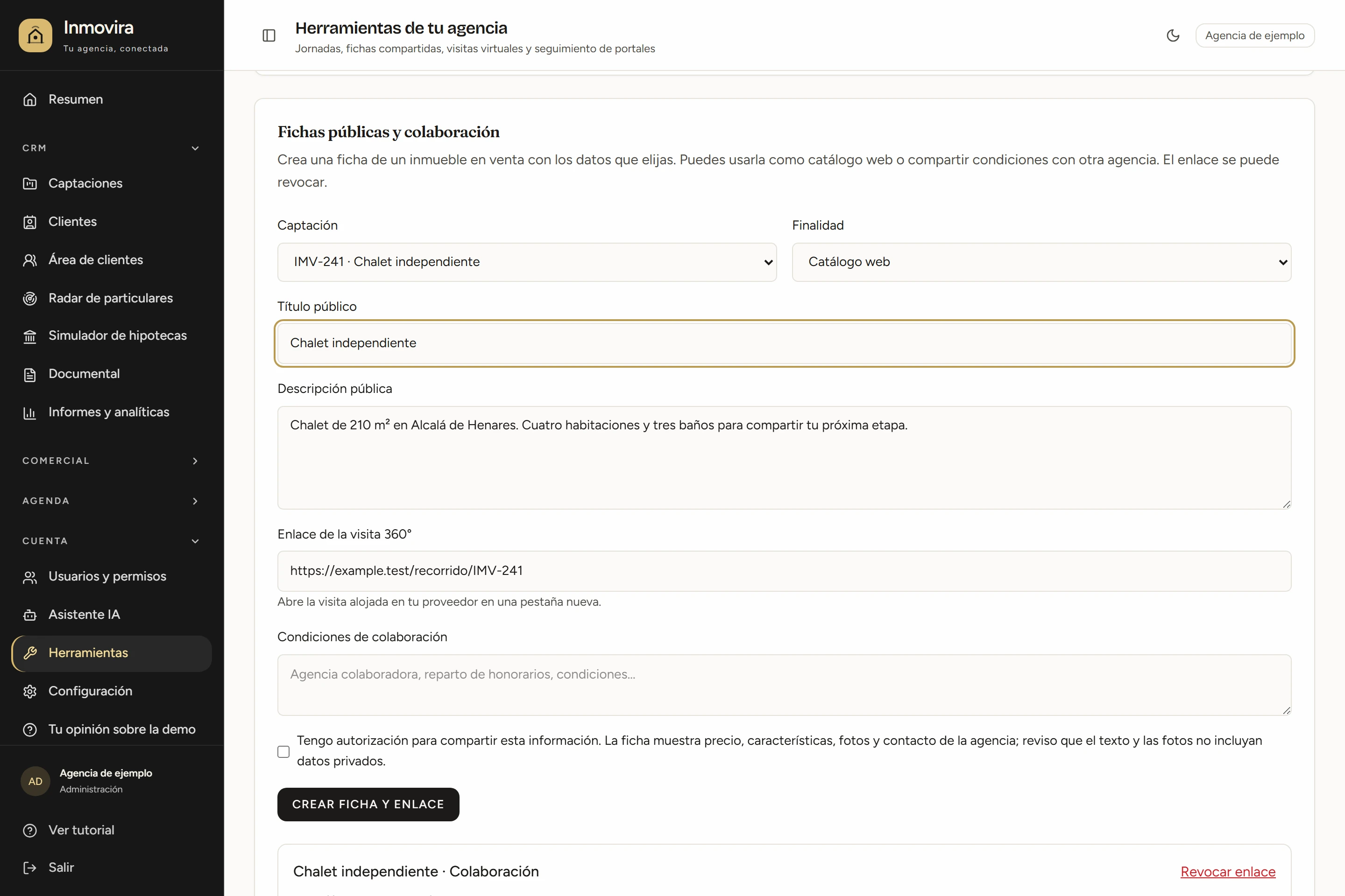 Pantalla de Visitas 360° de Inmovira con datos ficticios de demostración